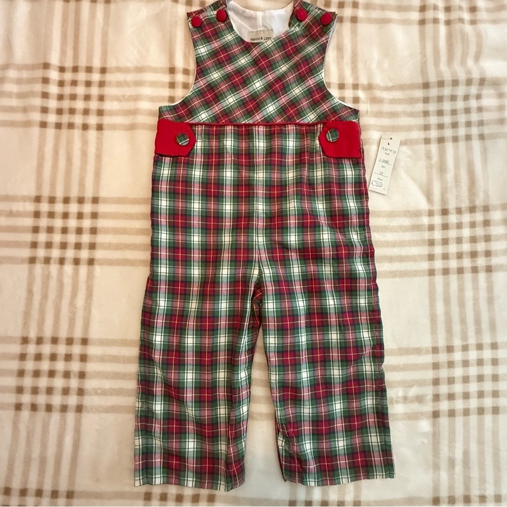 Marco & Lizzy Toddler Boys Red Green Plaid Christmas Longall Overalls 2T NWT